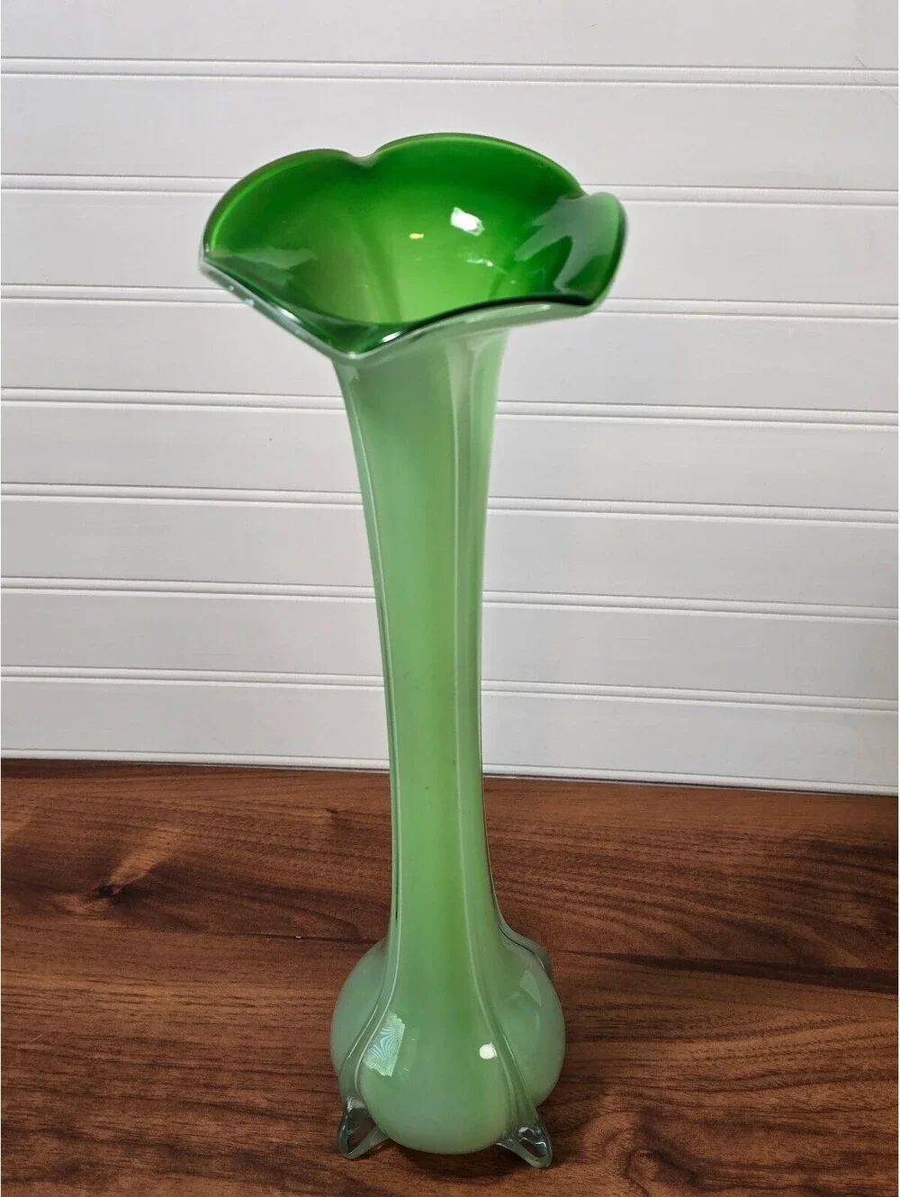 Vintage Green Cased Glass Jack in the Pulpit Vase Mid Century Footed Art Glass